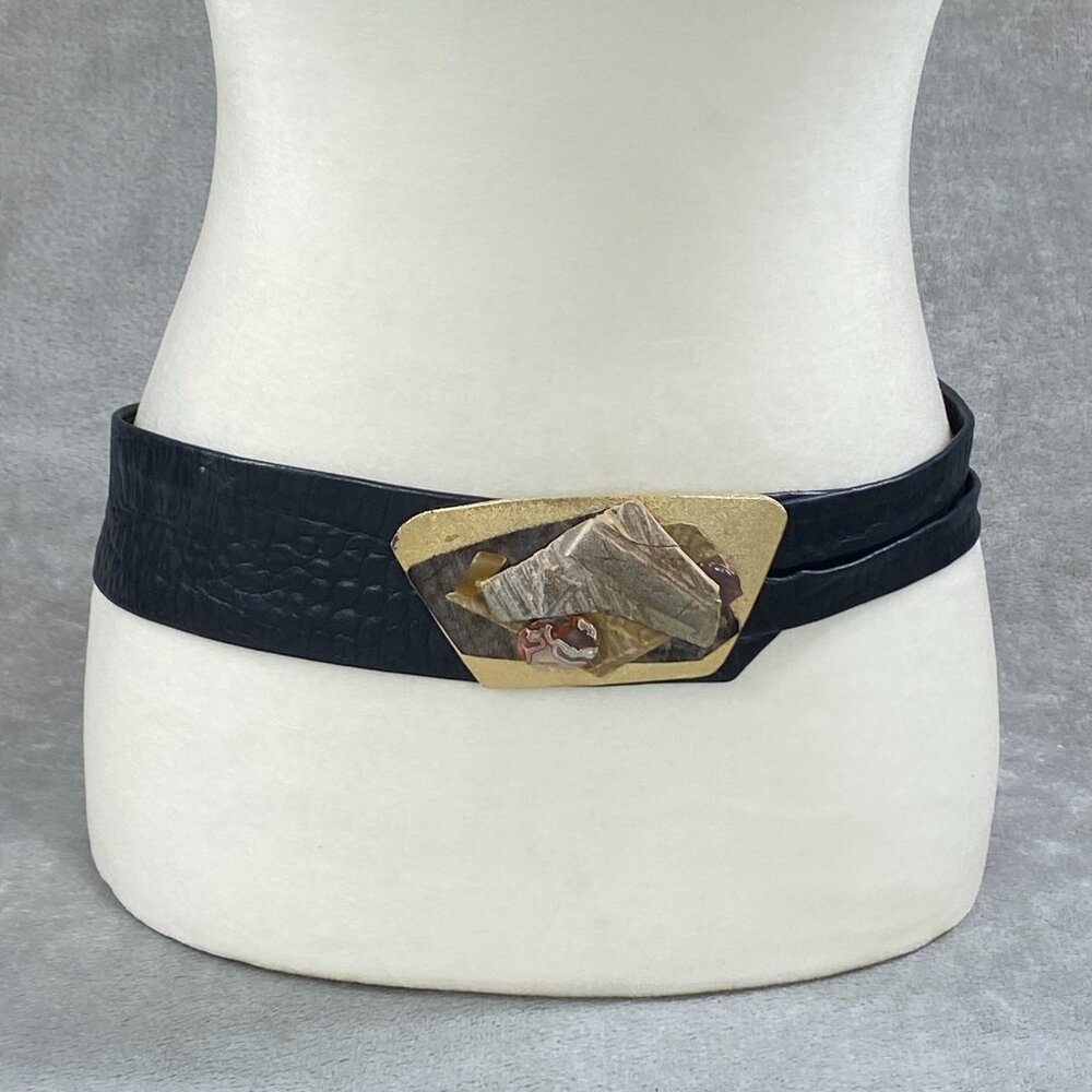 Vintage Wide Belt Womens Large Black Leather Metal Buckle USA Handmade Retro